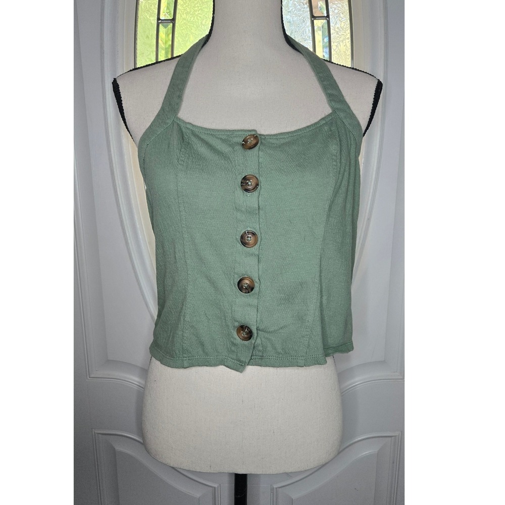 Others Follow Sage Green Button Halter Crop Top Women's Medium Cottagecore Boho - Picture 2 of 8